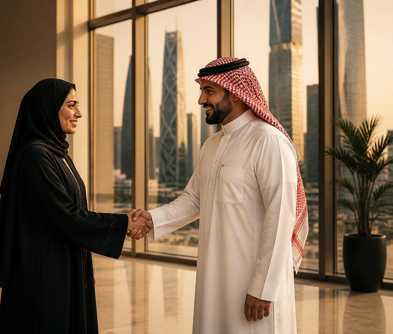 ممثلة شركة تلتقي بمستشار مبيعات في مكتب بالرياض